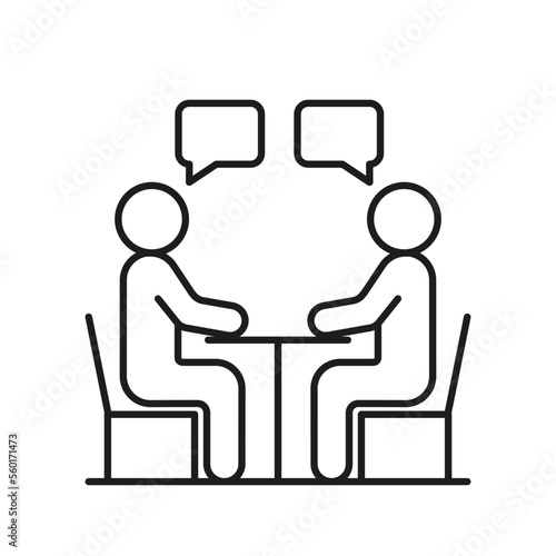 People talk on meet, equality partner at table, icon line. Man communication on work, business partnership. Conversation with speech bubble. Vector illustration