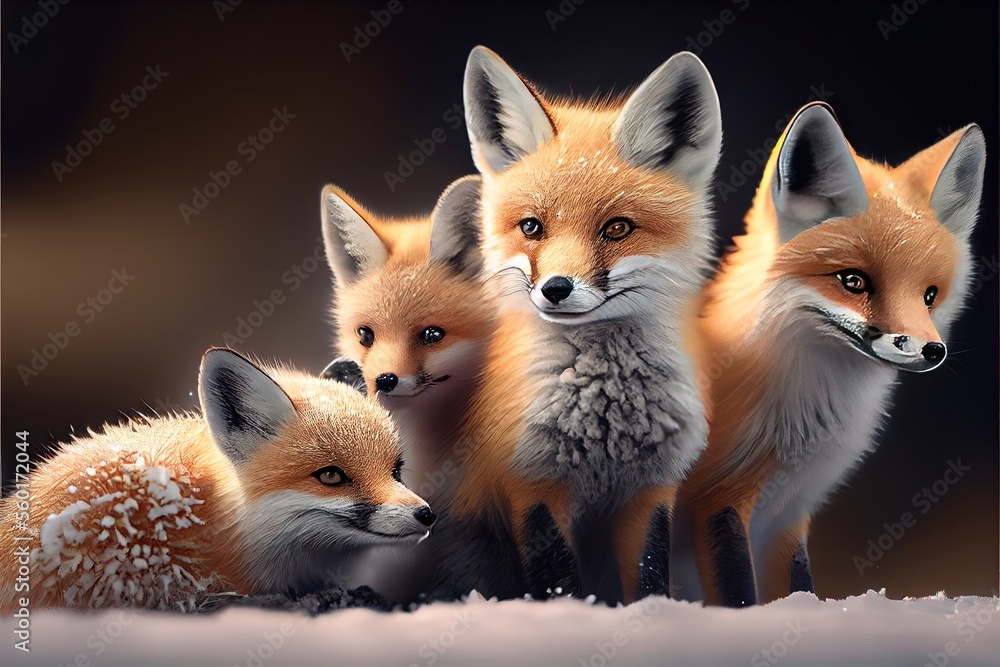 Obraz premium A small group of tiny and cute foxes in the snow. AI generated art illustration. 