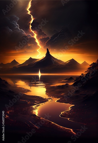 Fantasy landscape in dark and gold tones sunset. AI generated art illustration. 