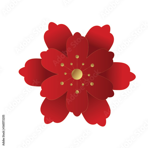 Traditional oriental red and gold hand fan and floral collection. Chinese new year background empty display scene presentation for product