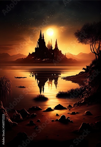 Fantasy landscape in dark and gold tones sunset. AI generated art illustration. 