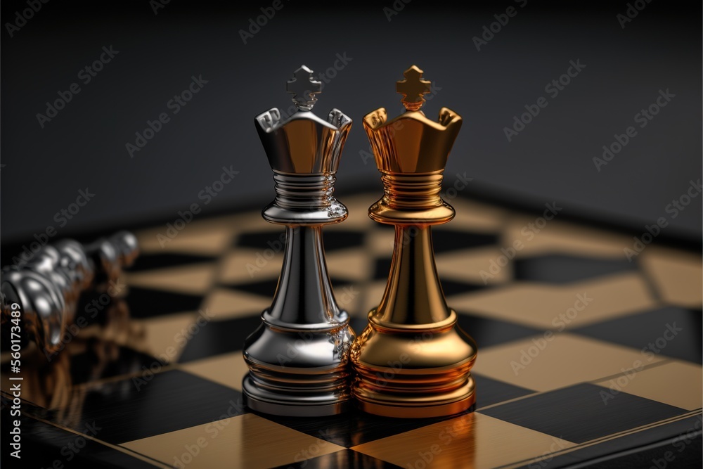 a gold and silver chess set on a black and white checkered board with a ...