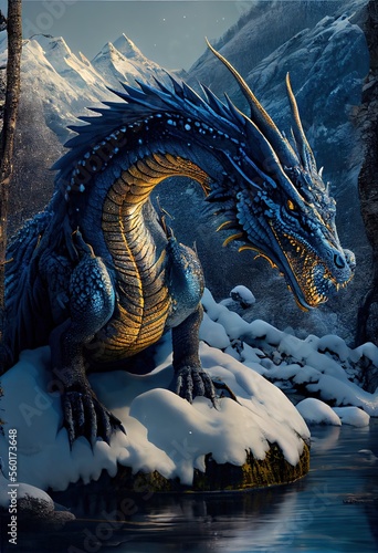 A superb BLue Dragon in a snow covered moutain setting. AI generated art illustration.