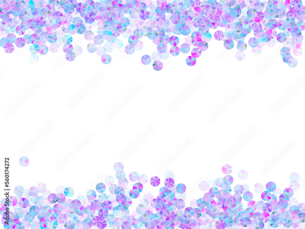 Violet spangles confetti placer vector composition. Round shining spangle elements holiday decor top view. Christmas confetti scatter glowing background.