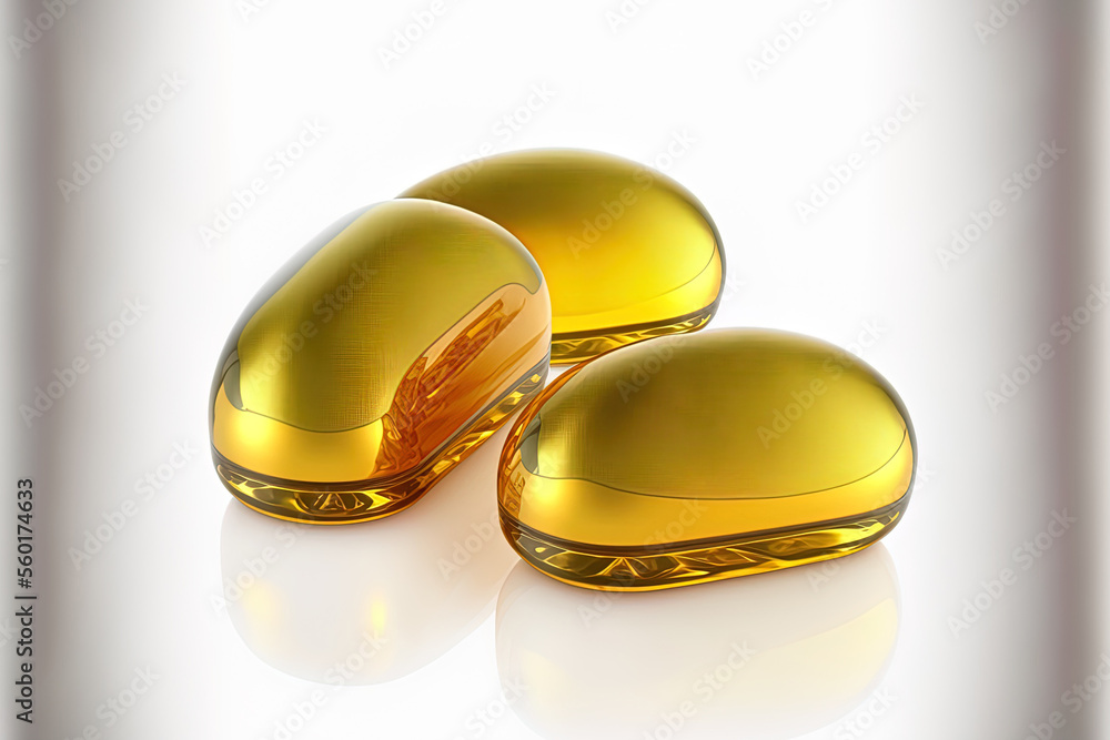 Isolated on a white background, three soft gel capsules with oil in golden colors. route of clipping. Generative AI Isolated on a white background, three soft gel capsules with oil in golden colors. route of clipping. Generative AI
