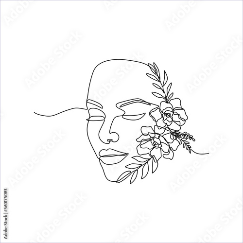 Continuous line drawing of Beautiful Woman's face with flowers. Nature cosmetics. The Concept of Skin Beauty Care for young female models. Bouquet of flowers in one line artwork of woman's head.