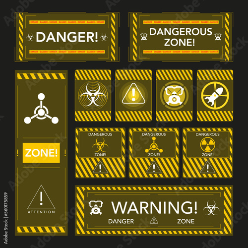 Warning windows about radiation hazard. High voltage and nuclear radiation caution, danger message radiation hazard and high voltage. Vector interface windows hazard sign.