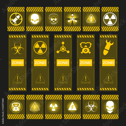Warning windows about radiation hazard. High voltage and nuclear radiation caution, danger message radiation hazard and high voltage. Vector interface windows hazard sign.