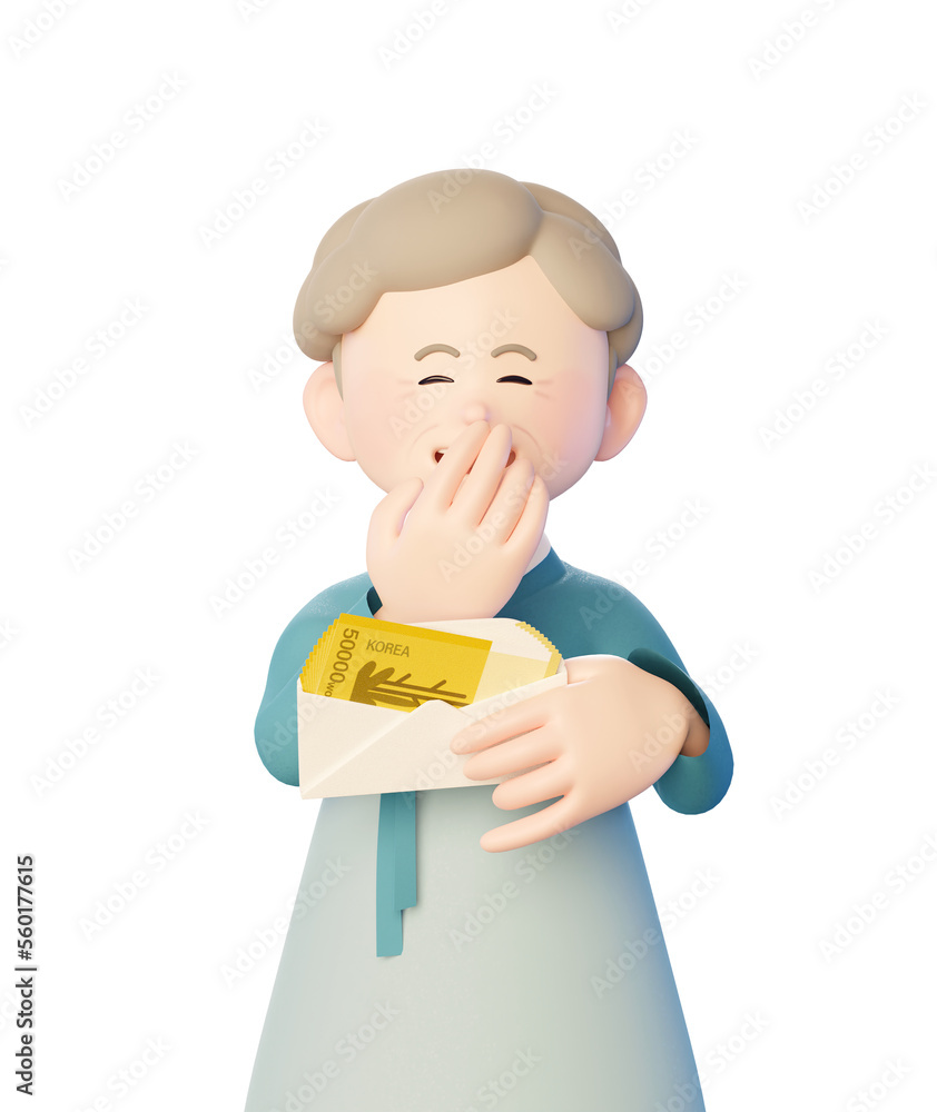 A 3d illustration of a Korean grandmother wearing hanbok smiling happily because she received pocket money. A 3d illustration of a Korean grandmother wearing hanbok smiling happily because she received pocket money.