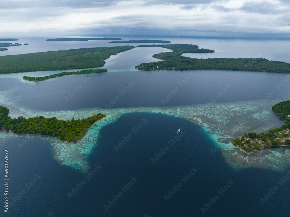 A beautiful coral reef surrounds a scenic bay in the Solomon Islands. This beautiful country is home to spectacular marine biodiversity and many historic WWII sites.