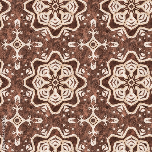 Mosaic geometric dark brown seamless texture pattern. Trendy kaleidoscope woven design for printed fabric. Rough abstract textile design. 