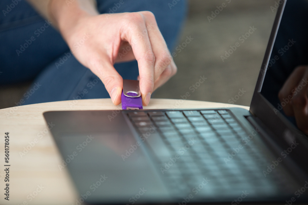 Fototapeta premium woman hand plugging a pendrive in a laptop