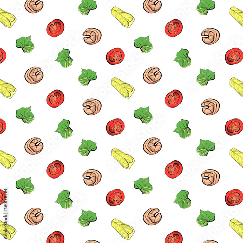 Pattern with vector shrimps, tomatoes, greens and lemon