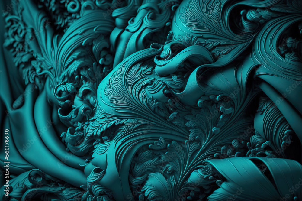 Floating metallic fabric and ornaments background in turquoise. Generative AI Floating metallic fabric and ornaments background in turquoise. Generative AI