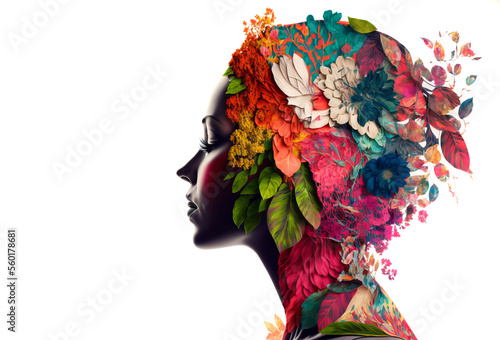 Side profile of a beautiful woman double exposure with spring flowing flowers. Generative ai