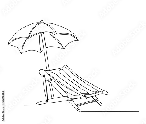 Continuous one line drawing of sunbed. Beach umbrella and chair for summer holiday line art vector illustration.