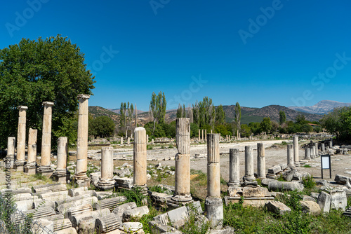 Fotografia, Obraz View of South Agora with unique huge pool surrounded by Ionic colonnades in ancient city of Aphrodisias, Aydin, Turkey