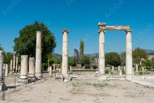 Photo Ruins of South Agora with unique huge pool surrounded by Ionic colonnades in ancient city of Aphrodisias, Aydin, Turkey