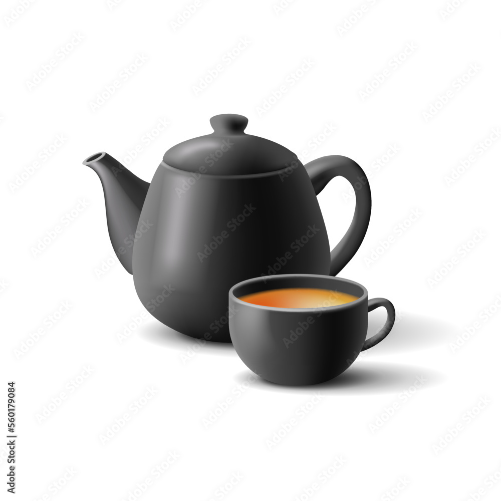 Black ceramic teapot, with a cup of tea, realistic 3D image on a white background. A modern, stylish element for advertising tea.