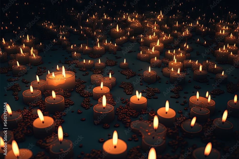 a large group of lit candles in a dark room with a blue background and ...