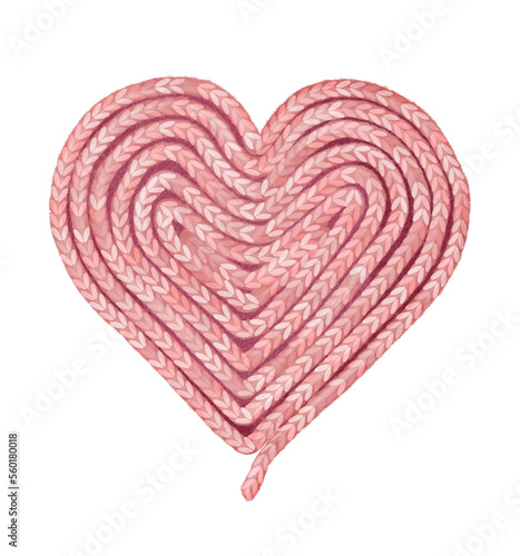 Digital illustration of a Valentines day handmade heart. Stylized decorative hand-drawn clipart in a watercolor style. Heart knitted from pink threads or made from a cord on a burgundy background