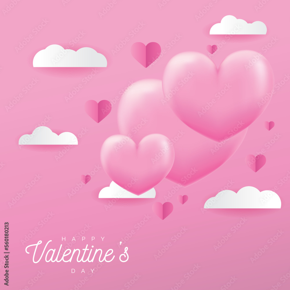 Banner Design Template Valentine's with Heart Cloud Paper Style Pink Pastel Color