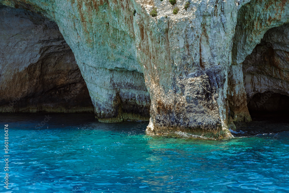 Blue caves of Zakynthos island in Greece, beautiful amazing seascape or landscape popular travelling destination in summer