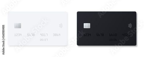 Realistic plastic bank credit card set. Mockup design of white and black plastic debit card with emv chip and contactless payment sign. Wireless online payment concept. 3d vector illustration