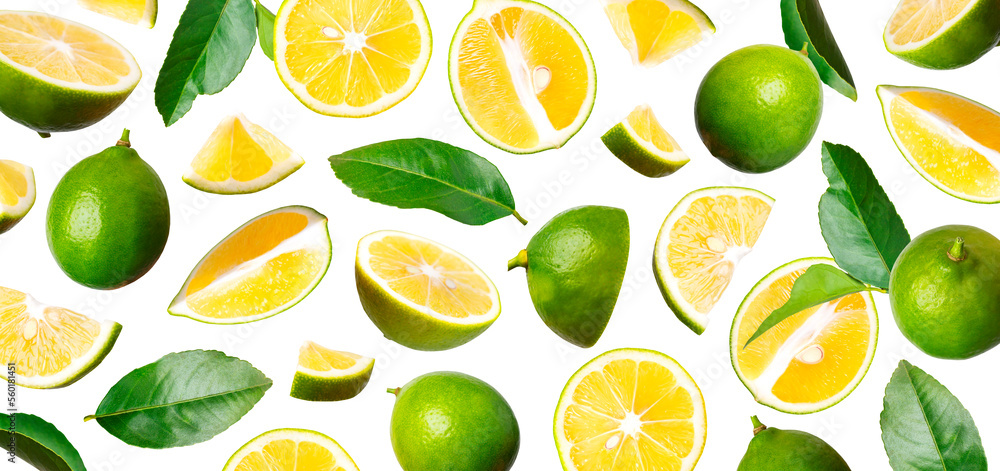 Pattern of isolated lemons. Fresh ripe juicy green lemons with yellow flesh, green leaves flying on white background. Concept of levitation of fruits, food, lime. Organic product, citrus Pattern of isolated lemons. Fresh ripe juicy green lemons with yellow flesh, green leaves flying on white background. Concept of levitation of fruits, food, lime. Organic product, citrus