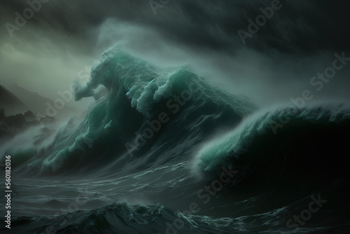Stunning image of the ocean waves on a dark, foggy day. Generative AI