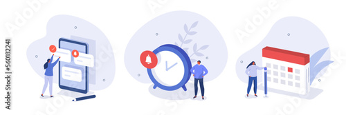 Business illustration set. Characters planning schedule, work task and time management strategy to increase productivity. Self management and multitasking concept. Vector illustration.