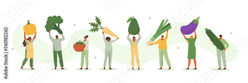 Casual people illustration set. Characters carrying avocado, broccoli, onion and other fresh organic vegetables. Vegetarian eating healthy food. Balanced vegan diet concept. Vector illustration.