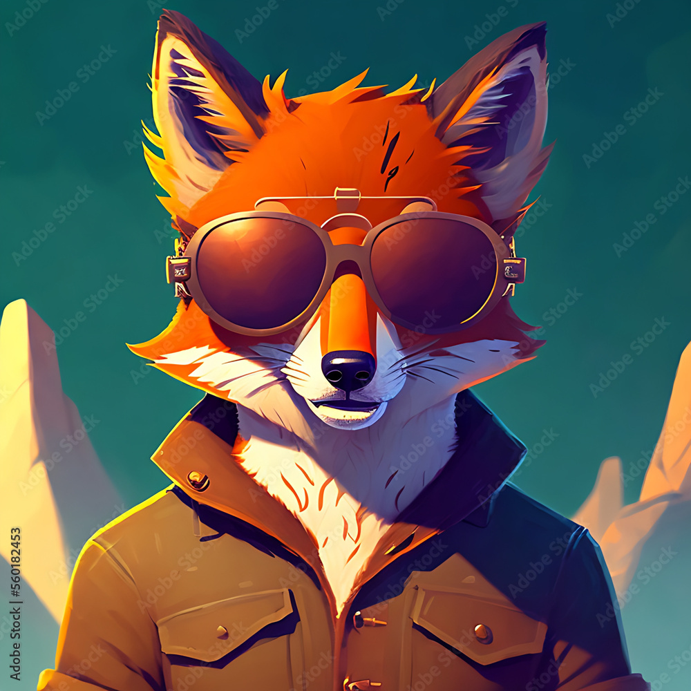 portrait of smiling red fox in wearing a cool sunglasses and jacketGenerative AI