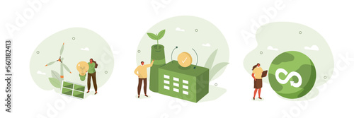Circular economy illustration set. Sustainable economic growth with renewable energy and natural resources. Green energy, eco-industrial development and manufacturing concept. Vector illustration.