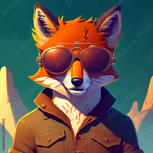 Obraz na płótnie portrait of smiling red fox in wearing a cool sunglasses and jacketGenerative AI w salonie