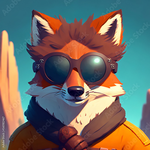 Obraz na płótnie portrait of smiling red fox in wearing a cool sunglasses and jacketGenerative AI w salonie