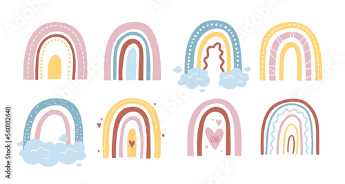 Cute colorful rainbows set. Collection of graphic elements for website. Minimalistic creativity and art. Tenderness and romance, love. Cartoon flat vector illustrations isolated on white background