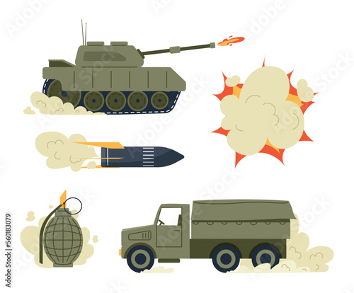 Military equipment set. Collection of graphic elements for website. Rocket, grenade and khaki truck, disguise. Weapons and destruction. Cartoon flat vector illustrations isolated on white background