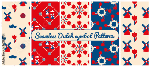 Set of Dutch seamless vector patterns with windmills, stroopwafels, wooden shoes and tulips in red, white and blue