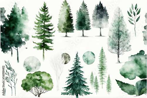  a collection of watercolor trees and plants with the words noppinnatist on it in green and white colors, with a white background with a black border and a white border., generative ai photo