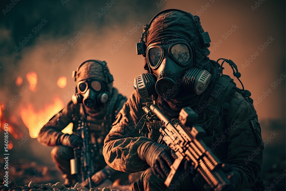 soldier wearing gasmask in a war zone. Generative AI soldier wearing gasmask in a war zone. Generative AI