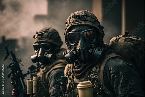 soldier wearing gasmask in a war zone. Generative AI
