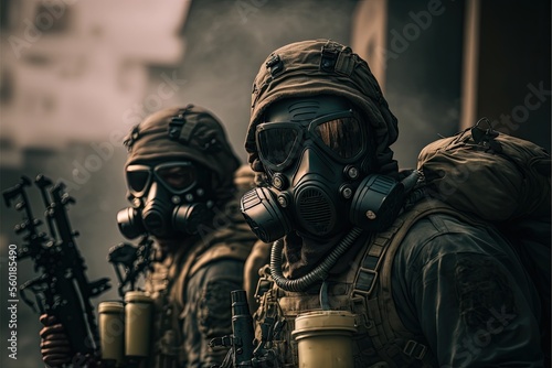 soldier wearing gasmask in a war zone. Generative AI