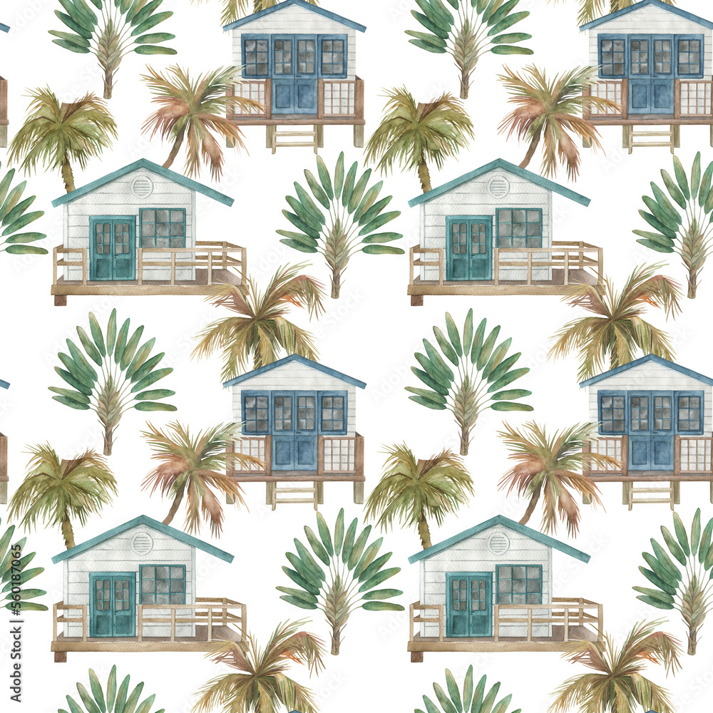 Watercolor seamless pattern with houses and palm trees. Hand drawn illustration