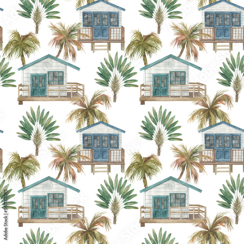 Watercolor seamless pattern with houses and palm trees. Hand drawn illustration © natikka