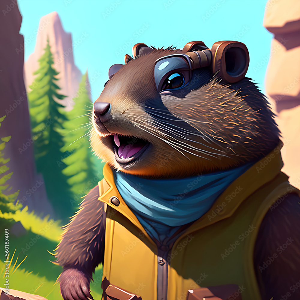 portrait of cute groundhog wearing a cool sunglasses and jacket, groundhog day Generative AI