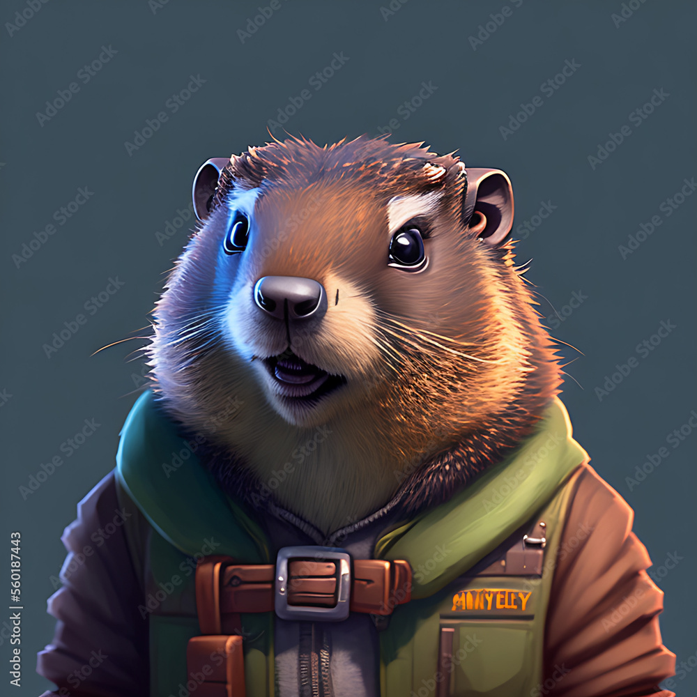 portrait of cute groundhog wearing a cool sunglasses and jacket, groundhog day Generative AI