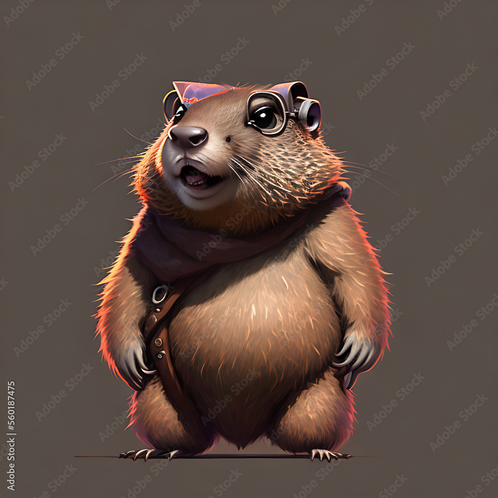 portrait of cute groundhog wearing a cool sunglasses and jacket, groundhog day Generative AI