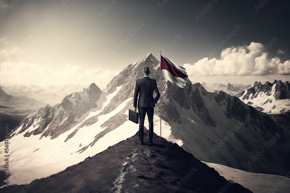 Businessman on a mountain with a flag. Generative AI