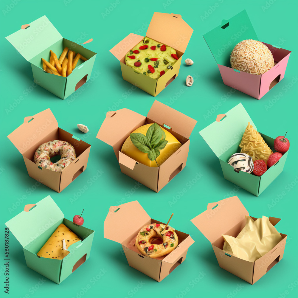 Sustainable food paper boxes. Generative AI.
